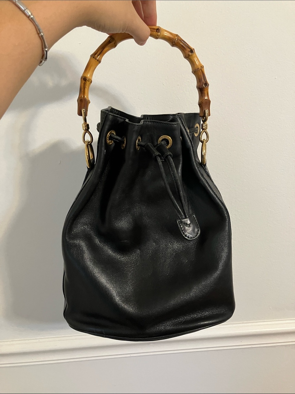 Gucci Black Leather Drawstring Bucket Bag with Bamboo Handle
